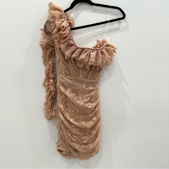 NWT House Of CB Adele Biscuit Asymmetrical Mini Ruffle Dress. - Picture 5 of 15